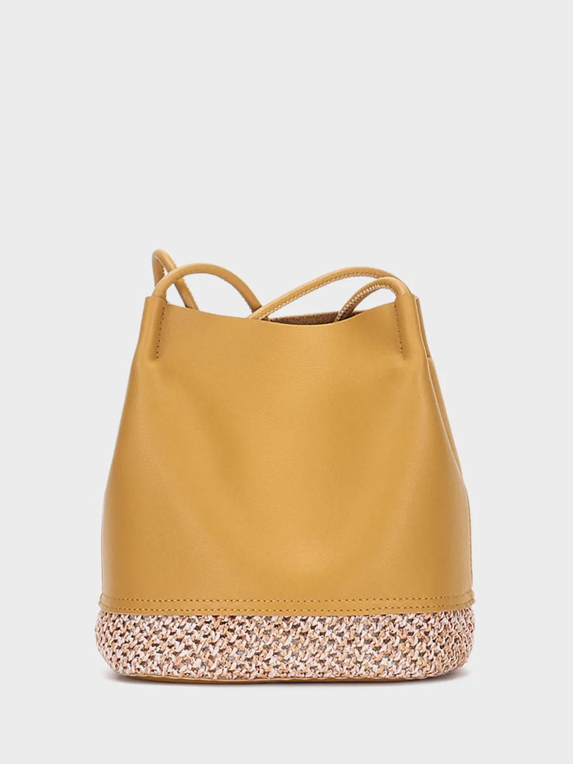 Leather Bucket Shoulder Bag Straw Braided Basket Bag Open-top Tote Bag